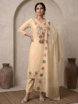 Libas - Beige Floral Embroidered Kurta with Pant and Dupatta