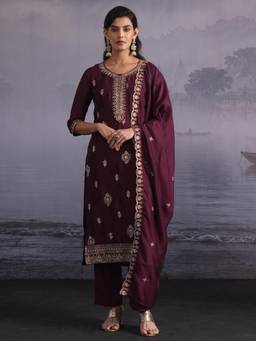 Libas - Burgundy Embroidered Embellished-Sequined Work Kurta with Pant and Dupatta