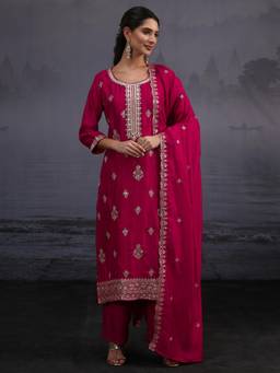 Libas - Pink Embroidered Embellished-Sequined Work Kurta with Pant and Dupatta