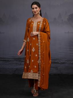 Libas - Rust Embroidered Embellished-Sequined Work Kurta with Pant and Dupatta