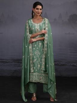 Libas - Green Floral Embroidered Kurta with Pant and Dupatta