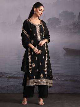 Libas - Black Embroidered Embellished-Sequined Work Kurta with Pant and Dupatta