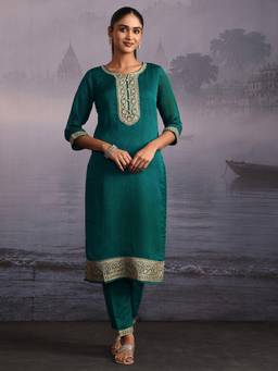 Libas - Green Printed Embroidered Kurta with Pant and Dupatta