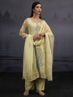 Libas - Lime Yellow Floral Embroidered Kurta with Pant and Dupatta