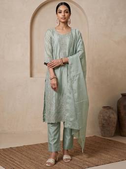 Libas - Green Floral Embroidered Kurta with Palazzo and Dupatta
