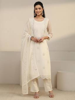 Libas - Off White Floral Embroidered Kurta with Pant and Dupatta