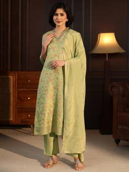 Libas - Green Floral Woven Kurta with Pant and Dupatta