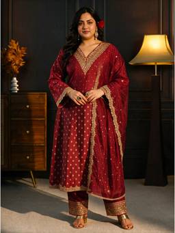 Extra love by Libas - Maroon Woven Anarkali Kurta with Pant and Dupatta