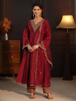 Libas - Maroon Woven Embellished-Sequined Work Anarkali Kurta with Pant and Dupatta