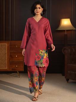 Libas - Maroon Floral Printed Kurti with Pant