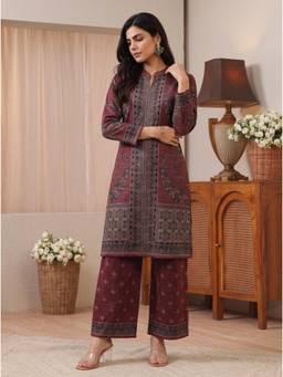 Libas - Maroon Floral Printed Kurta with Pant