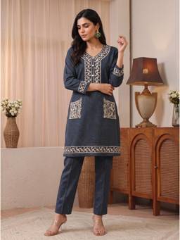 Libas - Dark Grey Floral Embroidered Co-Ord Set