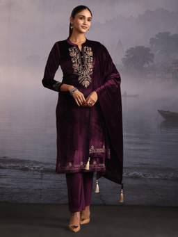 Libas - Wine Embroidered Embellished-Sequined Work Kurta with Pant and Dupatta