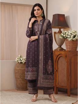 Libas - Purple Floral Printed Kurta with Pant and Dupatta