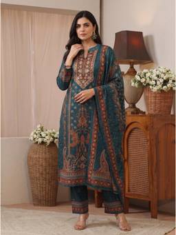 Libas - Teal Floral Printed Kurta with Pant and Dupatta
