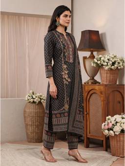 Libas - Black Floral Printed Kurta with Pant and Dupatta