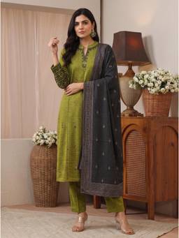 Libas - Olive Embroidered Thread Work Kurta with Pant and Dupatta