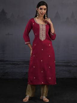 Libas - Maroon Floral Embroidered Kurta