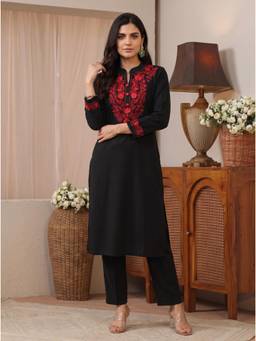 Libas - Black Floral Embroidered Kurta