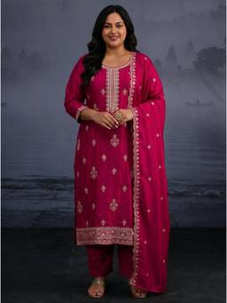Extra love by Libas - Pink Embroidered Embellished-Sequined Work Kurta with Pant and Dupatta