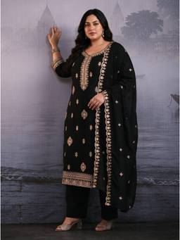 Extra love by Libas - Black Embroidered Thread Work Kurta with Pant and Dupatta