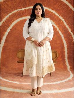 Extra love by Libas - White Woven Embroidered Kurta with Pant and Dupatta