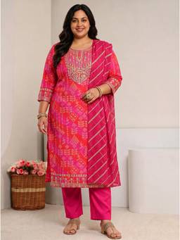 Extra love by Libas - Pink Embroidered Bandhani Kurta with Pant and Dupatta