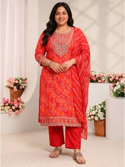 Extra love by Libas - Orange Embroidered Bandhani Kurta with Pant and Dupatta