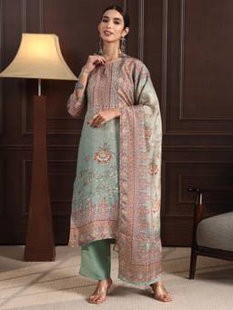 Libas - Green Floral Printed Kurta with Pant and Dupatta