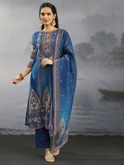Libas - Blue Floral Printed Kurta with Pant and Dupatta