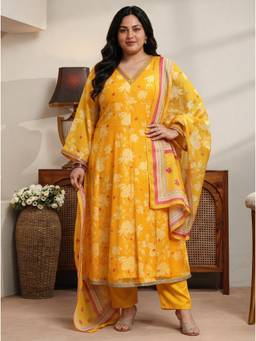 Extra love by Libas - Yellow Floral Printed Anarkali Kurta with Pant and Dupatta