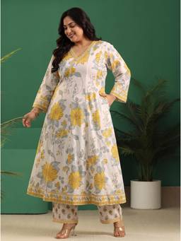 Extra love by Libas - Yellow-White Floral Printed Anarkali Kurta with Palazzo and Dupatta