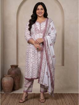Extra love by Libas - White Floral Printed Kurta with Pant and Dupatta