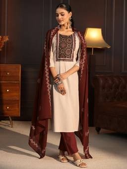 Libas - Off White Printed Mirror Work Kurta with Pant and Dupatta