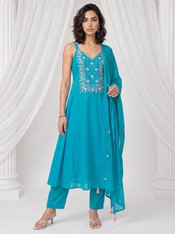 Libas - Blue Floral Embroidered Anarkali Kurta with Pant and Dupatta