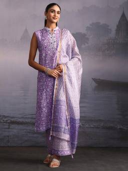 Libas - Lavender Floral Printed Kurta with Palazzo and Dupatta
