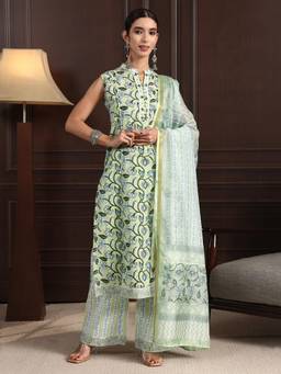 Libas - Green Floral Printed Kurta with Palazzo and Dupatta