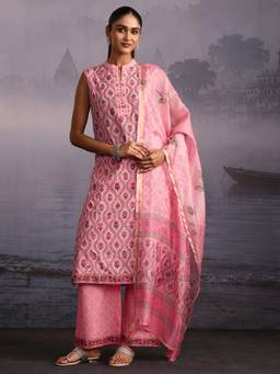 Libas - Pink Floral Printed Kurta with Palazzo and Dupatta