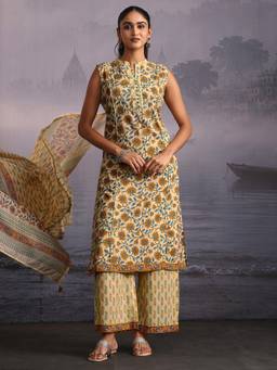 Libas - Yellow Floral Printed Kurta with Palazzo and Dupatta