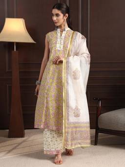 Libas - Yellow Floral Printed Kurta with Palazzo and Dupatta