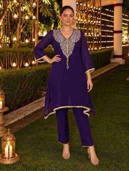 Autumnlane - Purple Embroidered Zari Work Kurta with Pant