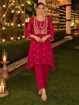 Autumnlane - Pink Embroidered Zari Work Kurta with Pant