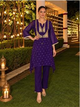 Autumnlane - Purple Embroidered Embellished-Sequined Work Kurti with Pant