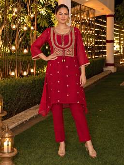 Autumnlane - Red Embroidered Zari Work Kurta with Pant