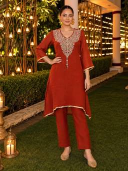 Autumnlane - Rust Embroidered Zari Work Kurta with Pant