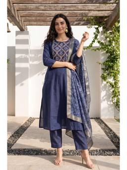 W - Navy Blue Floral Printed Dupatta