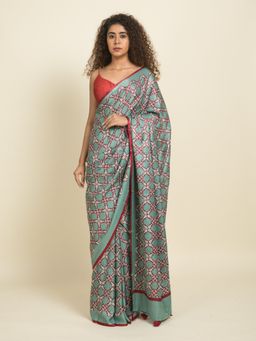 Suta - Teal Floral Border Print Modal Saree