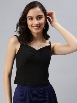 SHOWOFF - Women's Solid Fitted Black Sweetheart Neck Crop Top