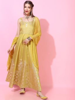 VISHUDH - Yellow and Gold-Toned Ethnic Motifs Tie Up Maxi Dress With Dupatta (Set of 3)