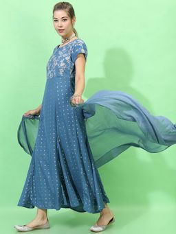 VISHUDH - Womens Dot Print A-Line With Dupatta Maxi Dress (Set of 2)